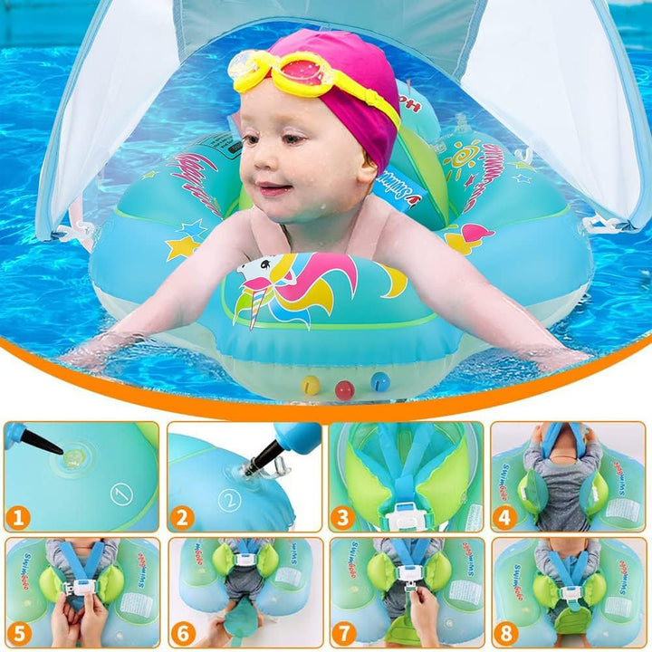 Baby Schwimmring mit abnehmbarem sonnendach,Schwimmhilfe verstellbare Schultergurte,Schwimmtrainer,m