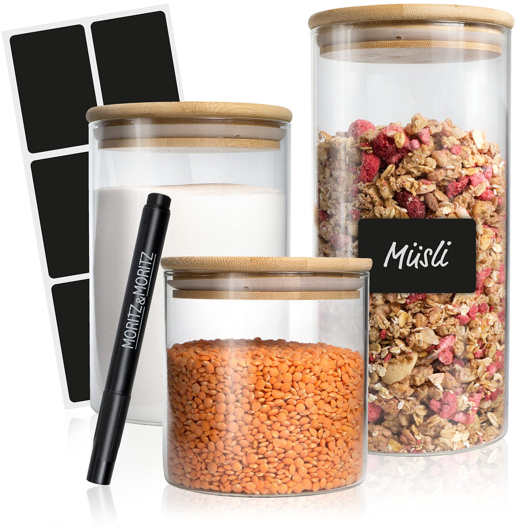 Moritz & Moritz 3x Vorratsgläser mit Deckel Set 500ml, 750ml, 1500ml - 3x Vorratsdosen Glas mit Deck