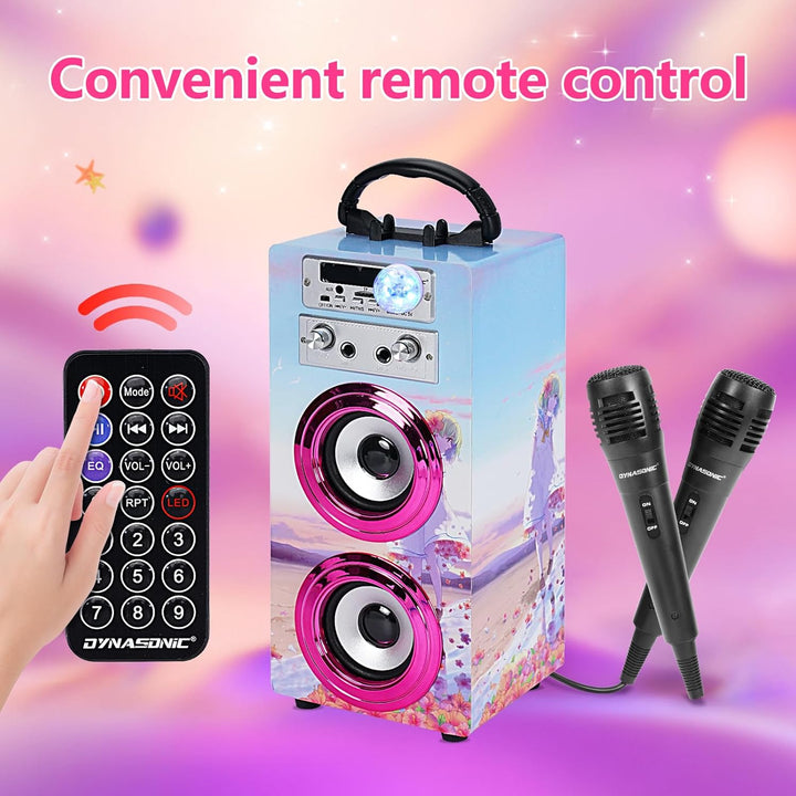 DYNASONIC Karaoke mit 2 Mikrofonen, tragbarer Karaoke-Maschine, Bluetooth-Lautsprecher, USB- und SD-