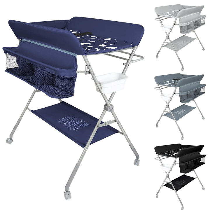 OHMG Baby Wickelkombi Klappbare Wickelkommode,Wickeltisch mit Rollen,Mobiler Wickeltisch mit Wickela