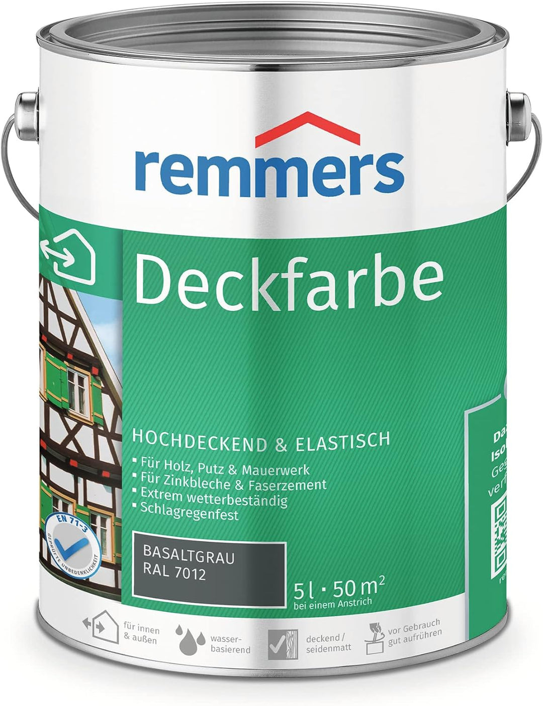 Remmers Deckfarbe basaltgrau (RAL 7012), 5 Liter, Deckfarbe für innen und aussen, Wetterschutzfarbe