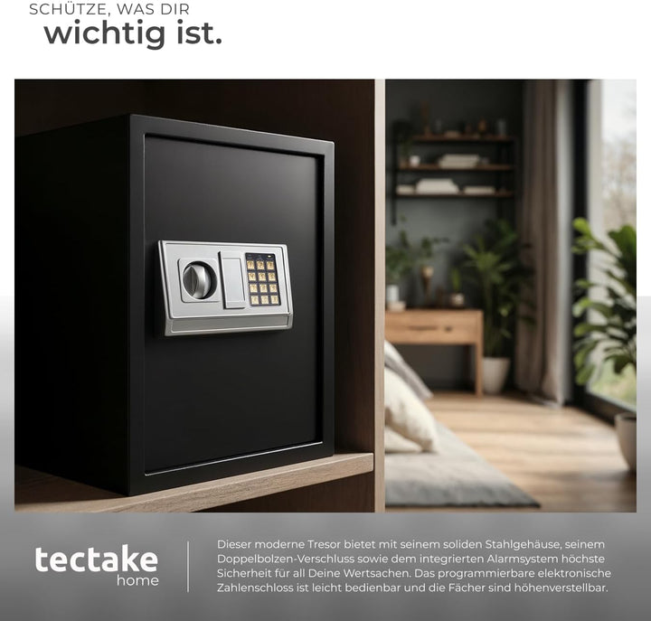 tectake® elektronischer Safe, Tresor für Zuhause, mit Sicherheitscode, mit Schloss und Notfall Schlü