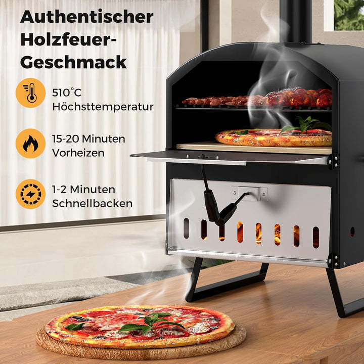 COSTWAY Outdoor Pizzaofen, 2-lagigem Pizza Ofen mit Grillrost, Pizzaschaufel, quadratischem Stein, w