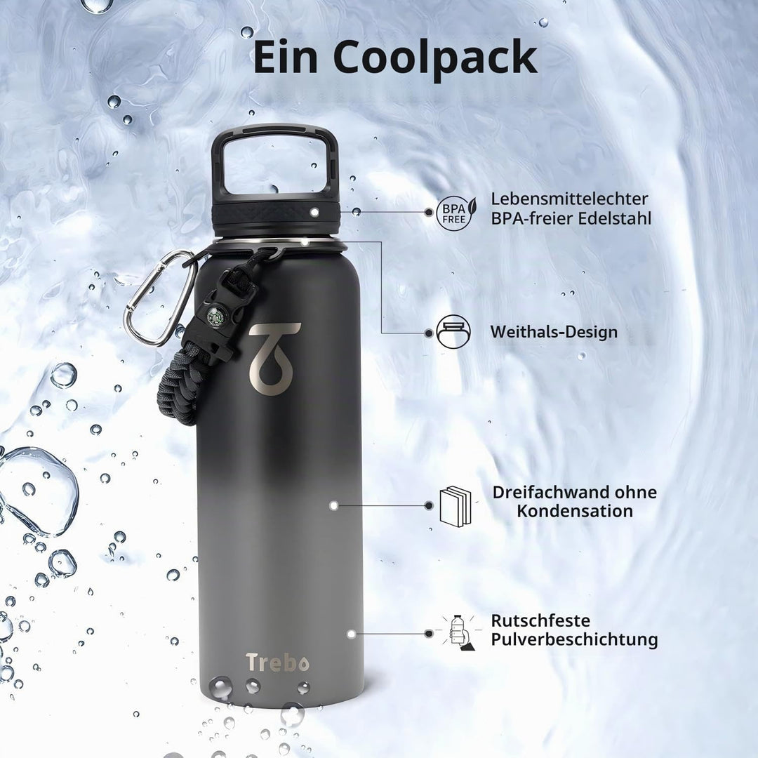 Trebo 1.2 L Edelstahl Trinkflasche Isoliert mit Paracord-Griff &amp; 3 Deckeln | Grosse Metall Wasserfla