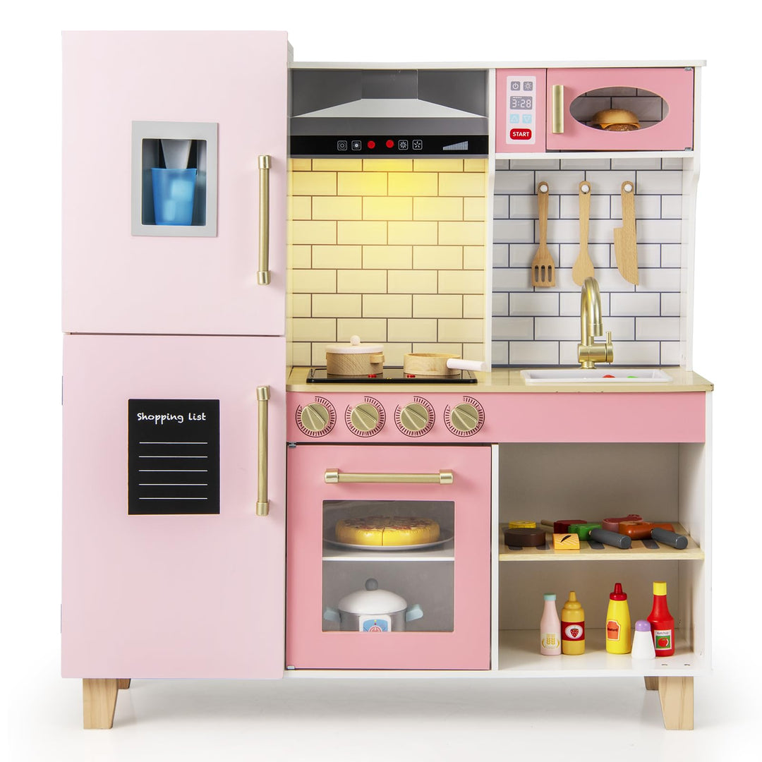 COSTWAY Kinderküche mit Zubehör, Kinder Küche mit Eismaschine & Dunstabzugshaube & Tafel & Grill & B