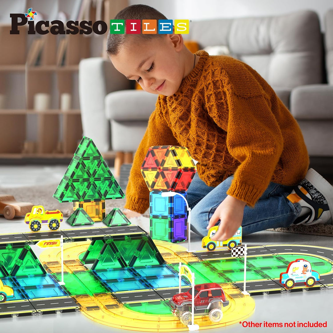 PicassoTiles Magnetfliese, Autostrecke, Abenteuerthema, Bedruckt, Strasse, Landebahn, Rennstrecke, A