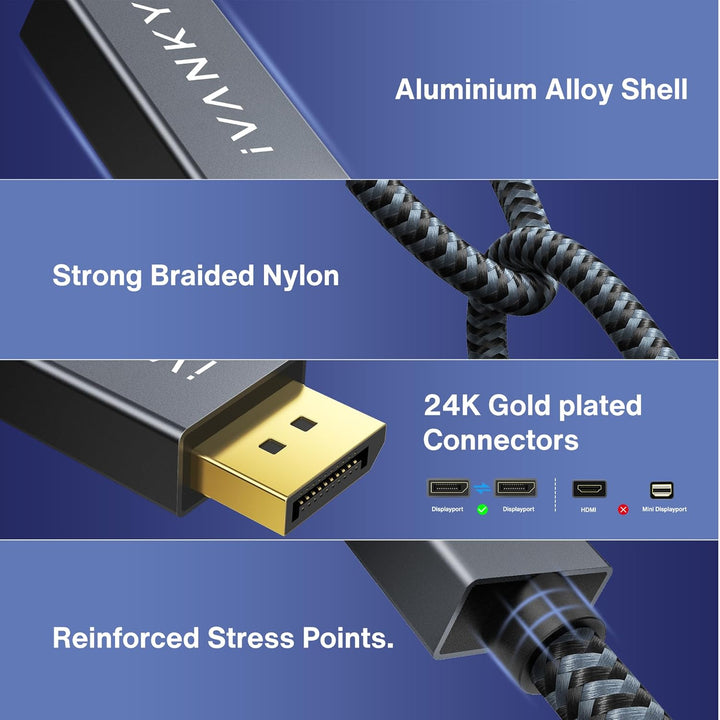 IVANKY 16K DisplayPort Kabel 2.1 3M, Kabel Displayport 4K@240Hz/165Hz/144Hz, 16K@60Hz, 8K@120Hz, 2K@