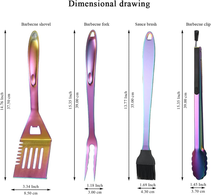 Kyraton Regenbogen Grill Zubehör Kit 4-teilig, Grill Zubehör Set, Titan Bunte Beschichtung Edelstahl