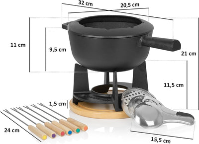 Mahlzeit Gusseisen Fondue Set für 6 Personen | 2 Liter | Fondueset 13 teilig mit Brenner und Gabeln