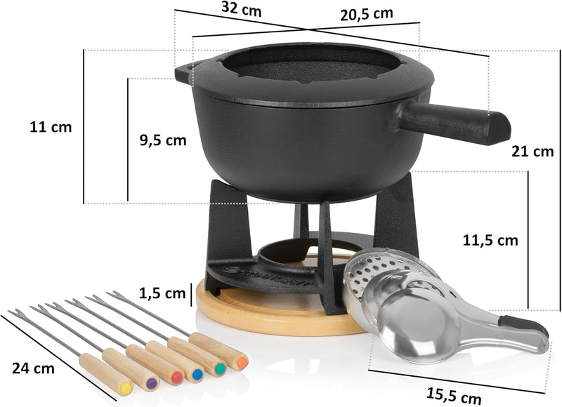 Mahlzeit Gusseisen Fondue Set für 6 Personen | 2 Liter | Fondueset 13 teilig mit Brenner und Gabeln