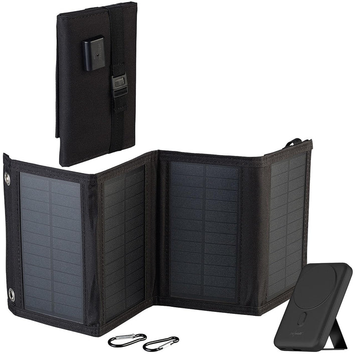 revolt Akku Powerbank: Magnetische Powerbank mit 10-Watt-Falt-Solarpanel, Qi, 10.000 mAh (mit Qi-Lad