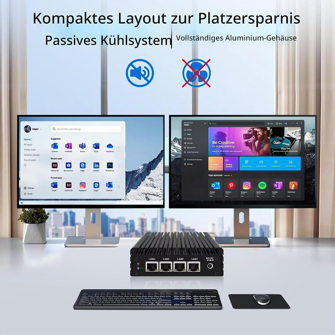 Micro Firewall Appliance, Fanless Mini PC J3710 4C/4T, 4X 2.5 GbE i225-V LAN,AES-NI,DDR3 8GB SSD 128