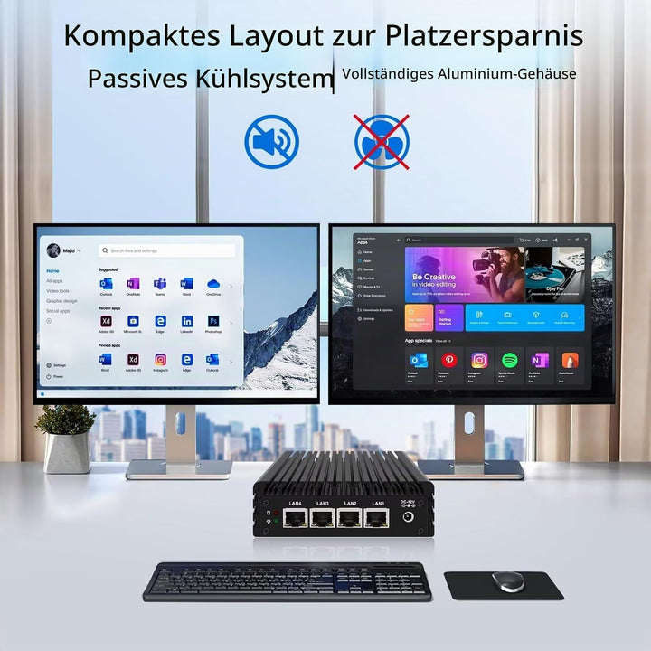 Micro Firewall Appliance, Fanless Mini PC J3710 4C/4T, 4X 2.5 GbE i225-V LAN,AES-NI,DDR3 8GB SSD 128