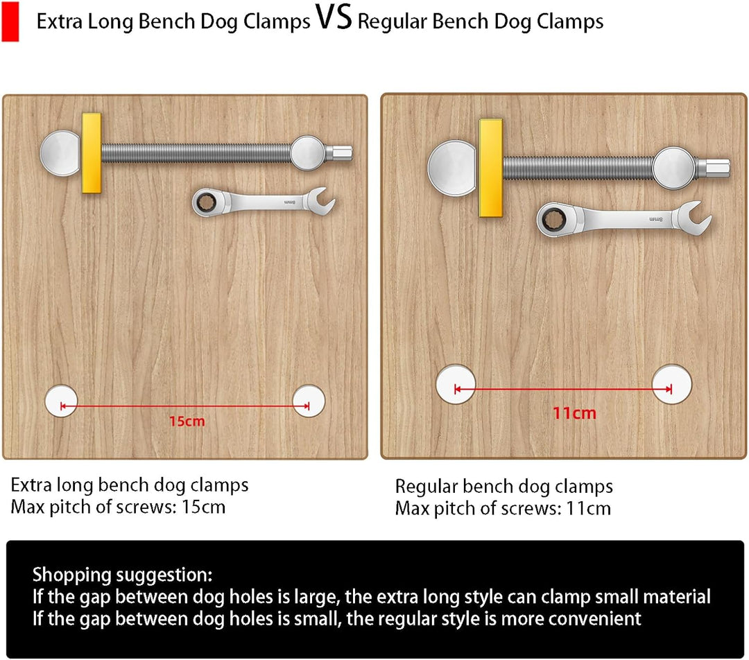 2 extra lange Tisch-Werkbank-Klemmen mit 4 Bank-Hunden für 20 mm Loch, DIY-Positionierung, Holzbearb