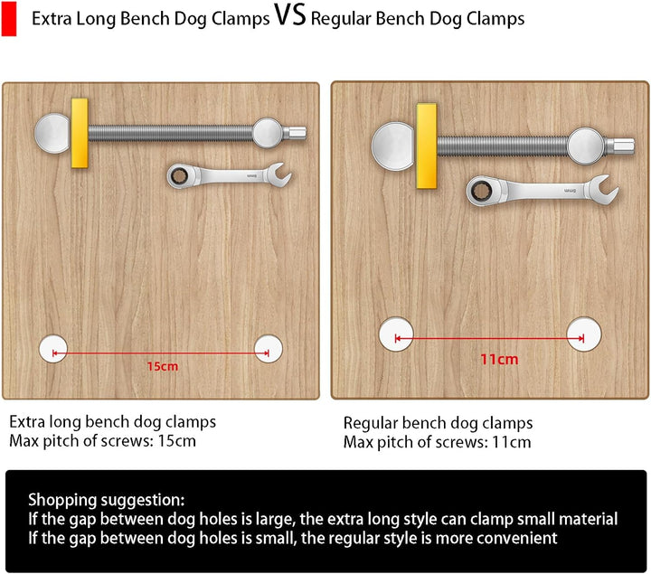 2 extra lange Tisch-Werkbank-Klemmen mit 4 Bank-Hunden für 20 mm Loch, DIY-Positionierung, Holzbearb