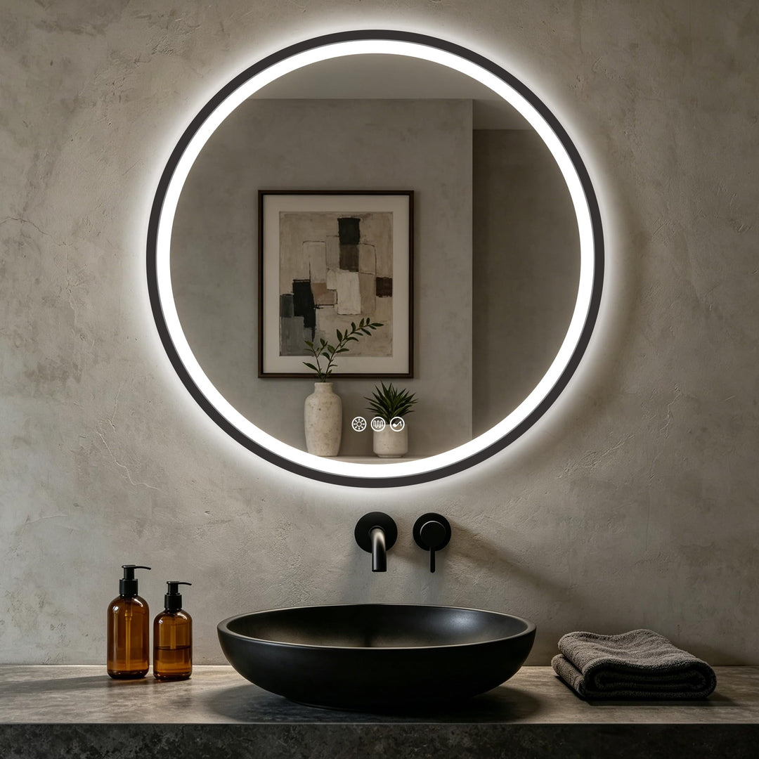 S'bagno Badspiegel-mit-Beleuchtung 60CM, LED-Badspiegel-Rund mit Bluetooth, Anti-Fog, 3 Lichtfarben,