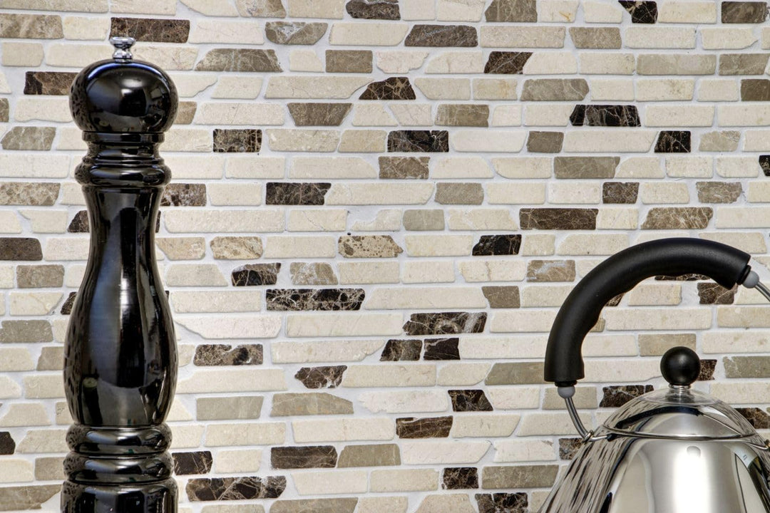 Mosaik Brick mix Castanao/Biancone Marmor Naturstein Küche, Mosaikstein Format: 25-105x15x7 mm, Boge