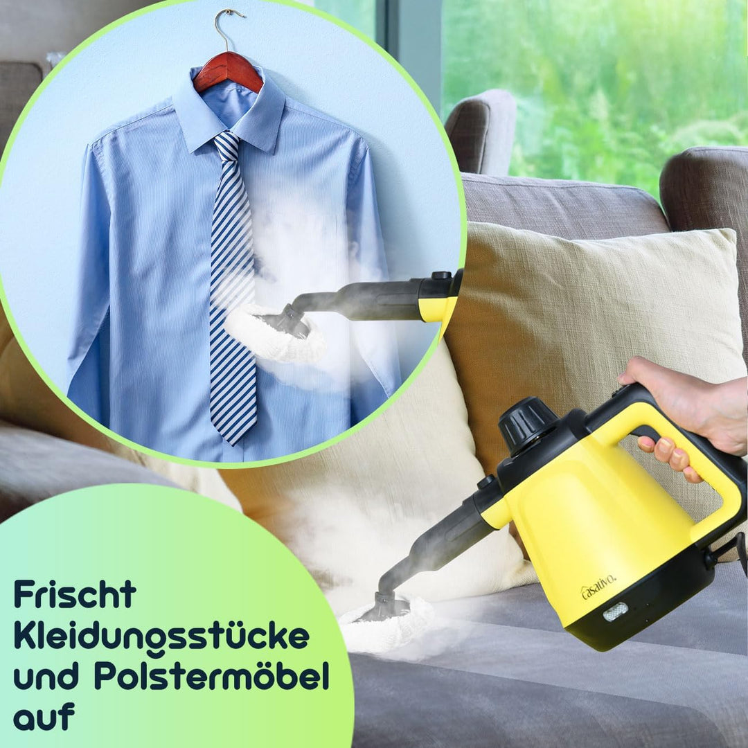 Premium Dampfreiniger, mobil, 3,5 bar Druck, 16 Zubehörteile-Aufsätze, kraftvolle 1.200W, gegen Fett