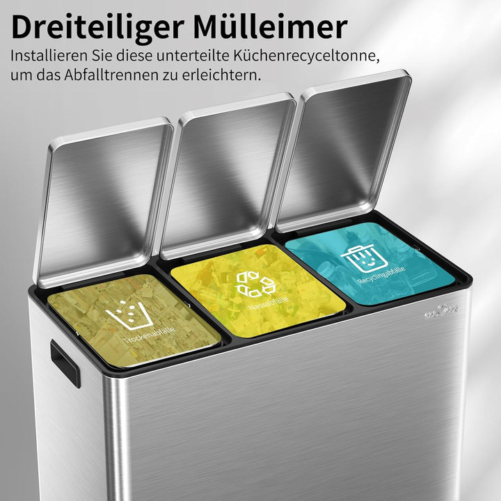 mVm Mülleimer Küche,45 Liter Treteimer,3 x 15 Liter Treteimer, 3 Fächer, Mülltrennsystem, Abfalleime