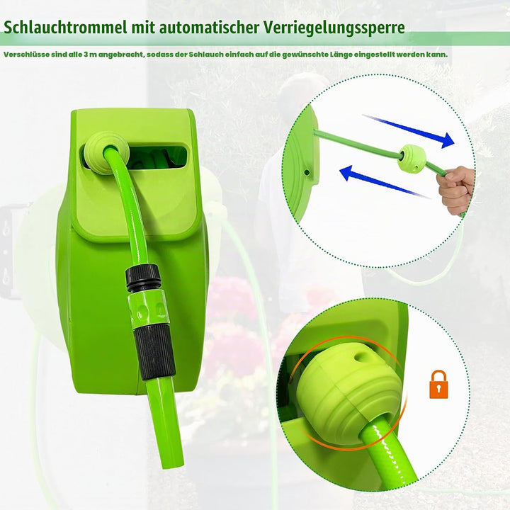 Gartenschlauch Trommel 20m Schlauchtrommel mit 2m Inlet Schlauch, Halter, Handbrause &amp; Hahnverbinder