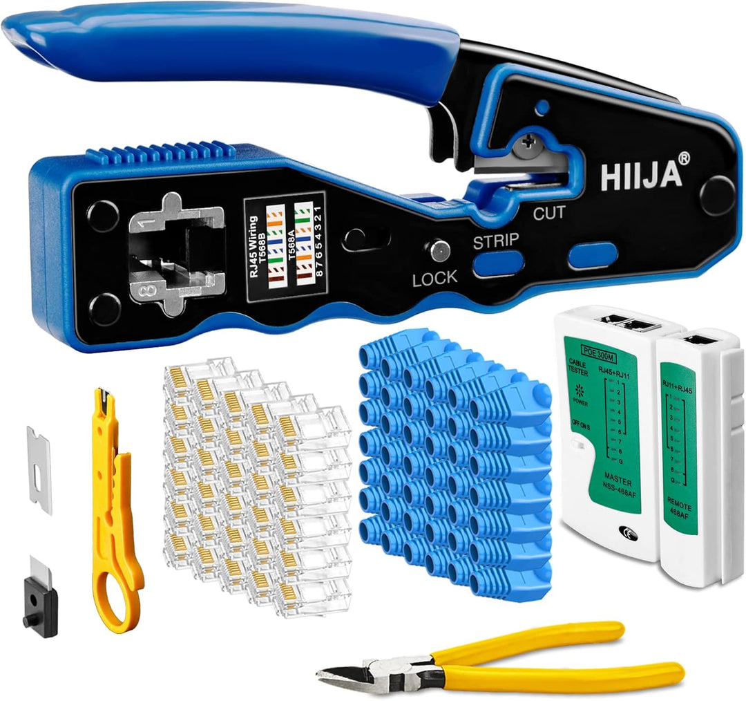 Hiija RJ45 Crimpzange, RJ45 Crimpwerkzeug Durchgang Cat5 Cat5e Cat6 Crimpwerkzeug-Set für RJ45 regul