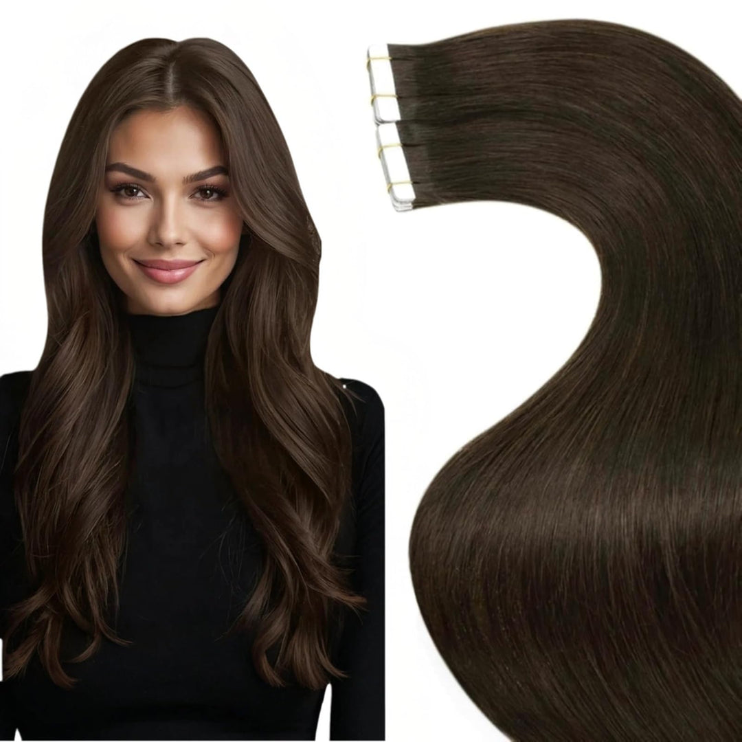 LaaVoo Extensions Echthaar Tape in Braun Echthaar Extensions Tape Dunkelbraun Haarverlängerung Echth