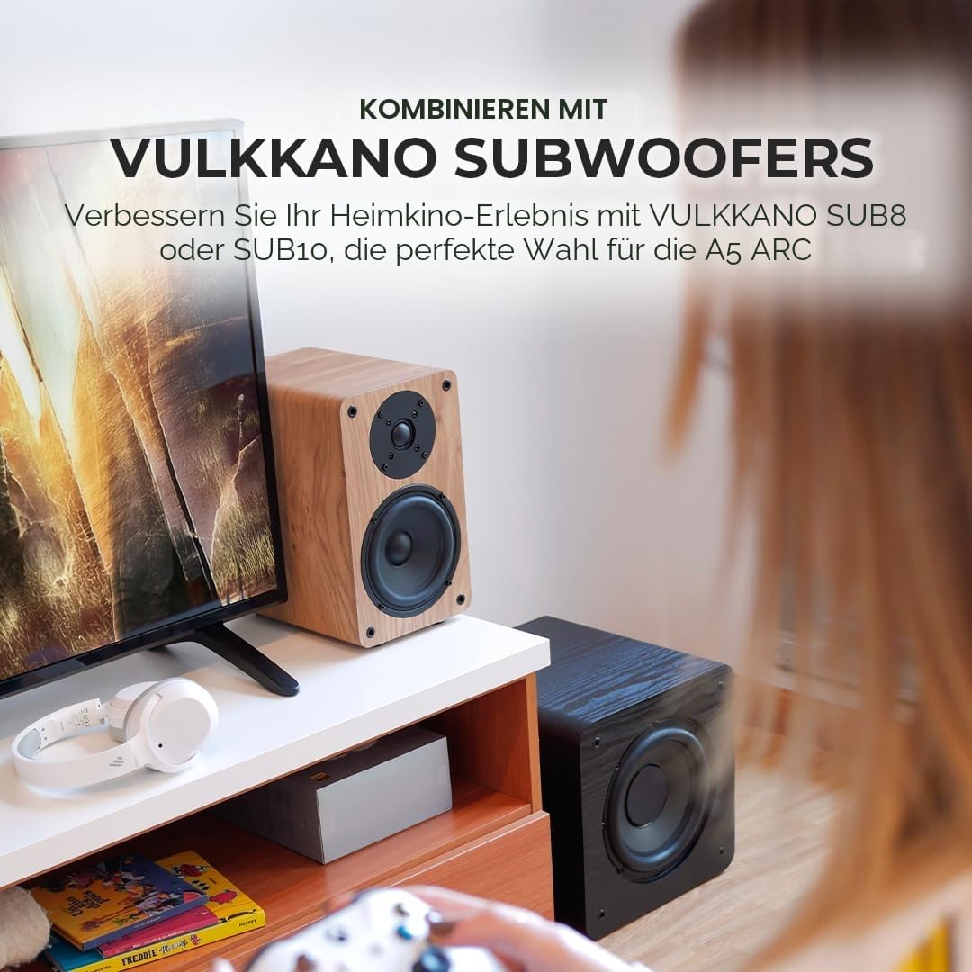 VULKKANO A5 ARC Aktivlautsprecher mit 5.25" Woofer, Bluetooth 5.0, HDMI ARC, Optische, RCA, USB, mit