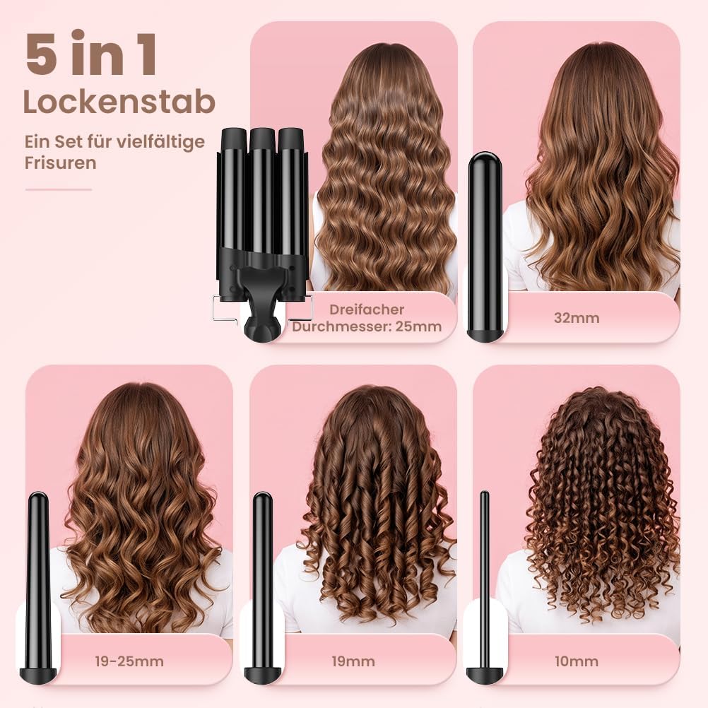 Lockenstab 3 Fässer Welleneisen Lockenstab 5 in 1 Keramikbeschichtung 5 Zubehörteile 10–32 mm Locken