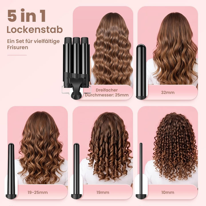 Lockenstab 3 Fässer Welleneisen Lockenstab 5 in 1 Keramikbeschichtung 5 Zubehörteile 10–32 mm Locken