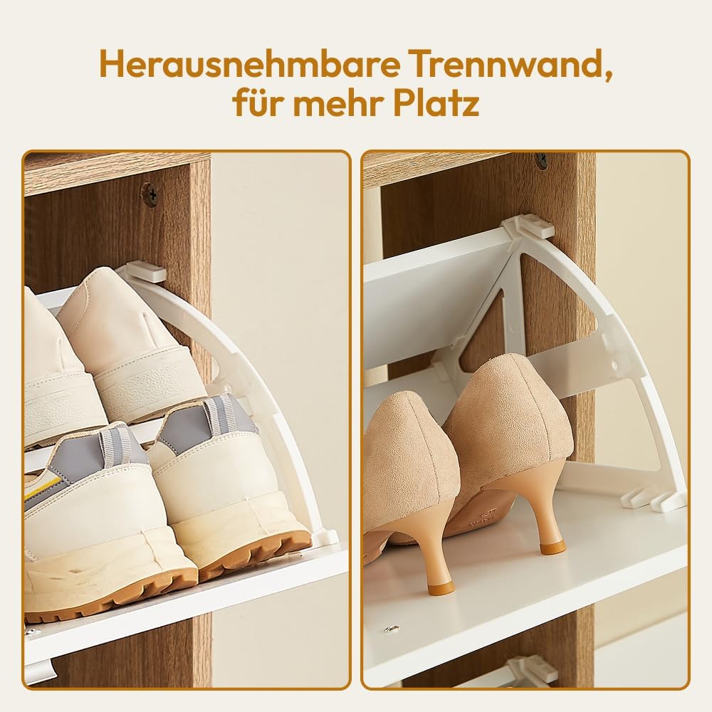 CASABEL Schuhschrank mit 4 Klappen, Schuhregal Weiss & Holz, Modernes Design, Grosse Kapazität für 2