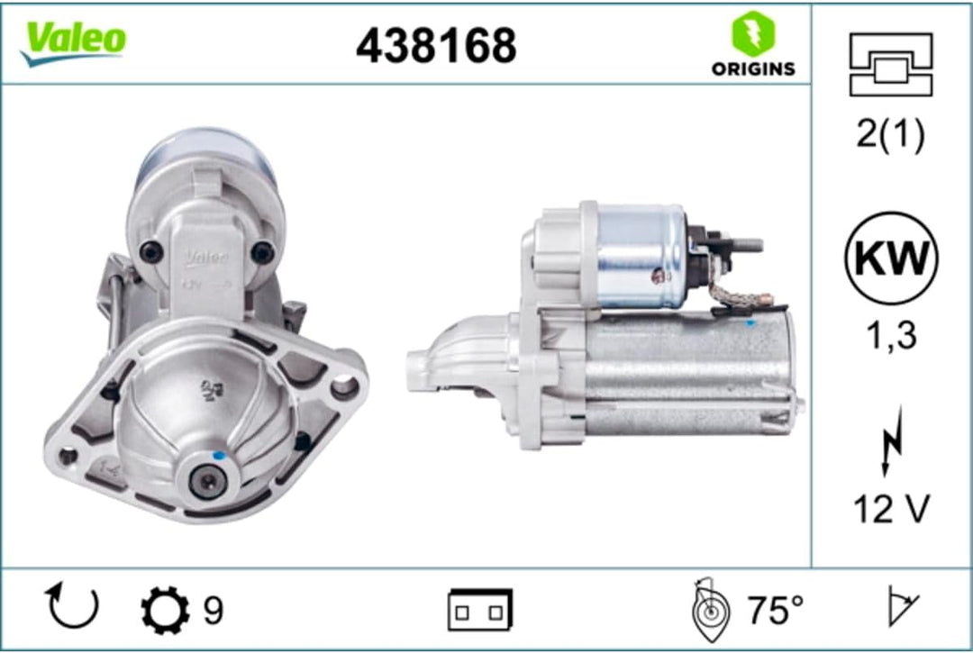 VALEO 438168 Starter Nennleistung: 1,3 kW Stop & Start: NO Zähnezahl: 9 zähne Spannung: 12 V Drehric