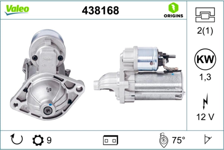 VALEO 438168 Starter Nennleistung: 1,3 kW Stop & Start: NO Zähnezahl: 9 zähne Spannung: 12 V Drehric