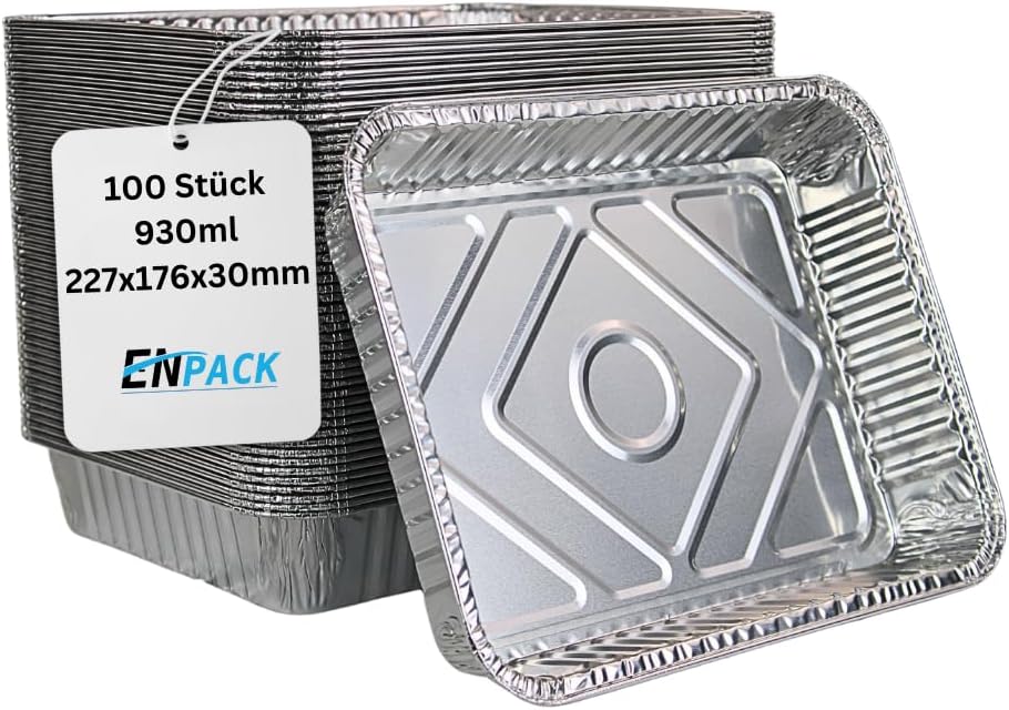 Enpack Aluschale R879-930G - 100 Stück Alu Grillschalen 226x176x30 mm - Feuerfeste Aluschalen 1000ml