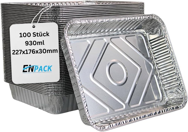 Enpack Aluschale R879-930G - 100 Stück Alu Grillschalen 226x176x30 mm - Feuerfeste Aluschalen 1000ml