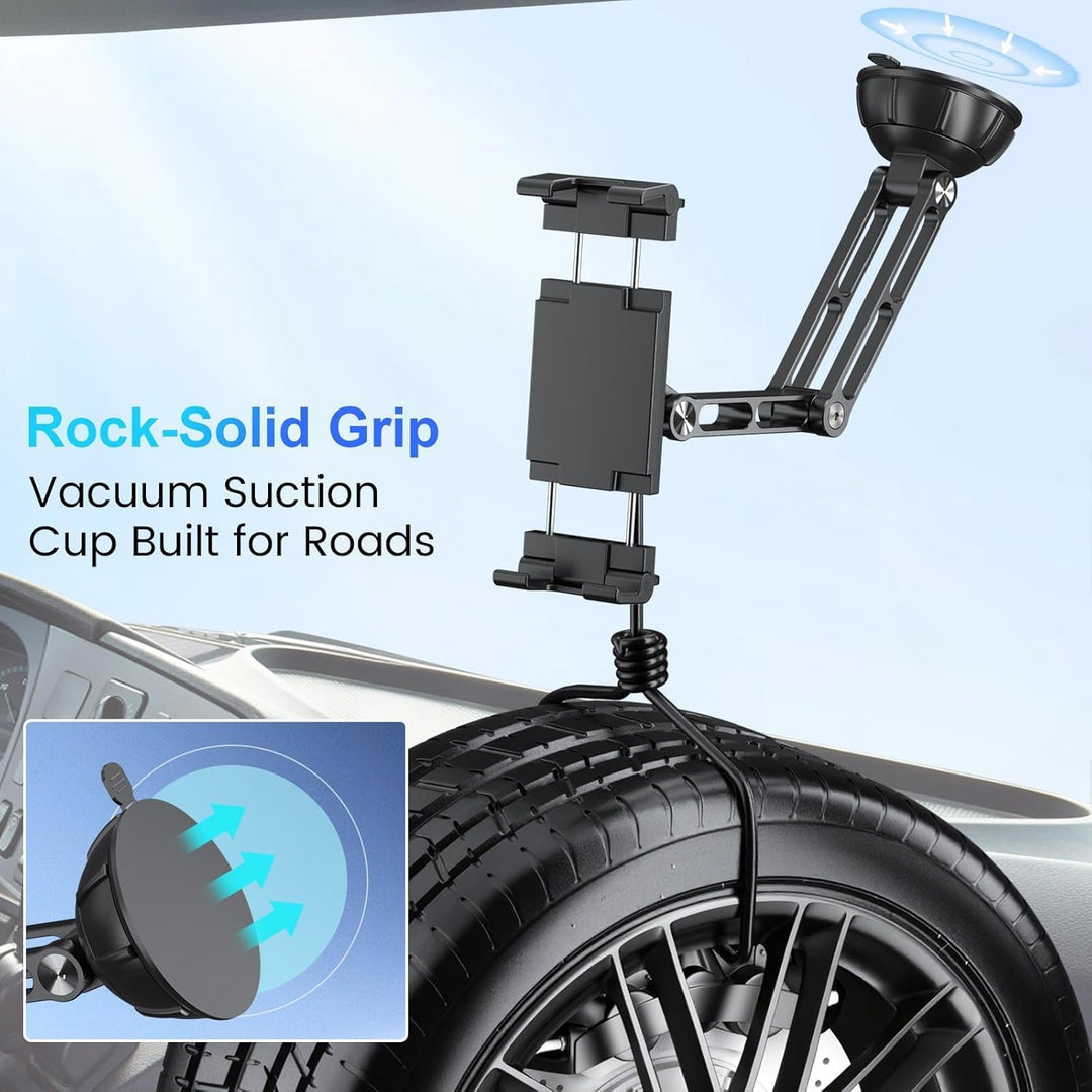 PLDHPRO Tablet Halterung Auto Vorne, Aluminium Arm iPad Halterung Saugnapf, Verstellbare Tablethalte