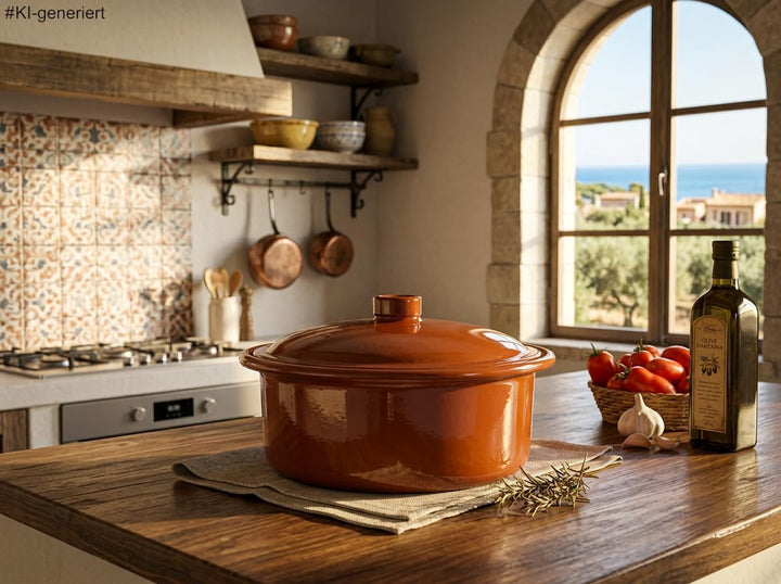 Ton-Cocotte mit Deckel - 3,5 Liter – Glasierter Schmortopf für Ceran, Gas, Ofen &amp; Grill – Mediterran