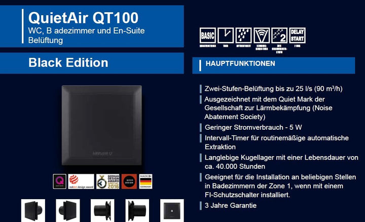 Airflow QT100B Badlüfter 25L/s Luftstrom – Made in Germany, 2 Geschwindigkeitsstufen, 100mm Rohransc