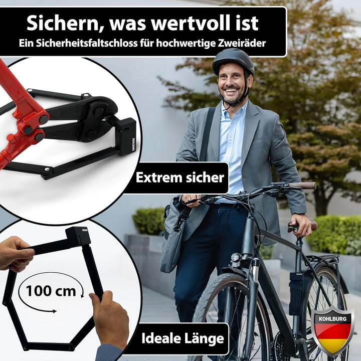KOHLBURG Faltschloss Sicherheitsschloss [9mm dicke Faltglieder, 100cm lang] – Fahrradschloss mit Hal