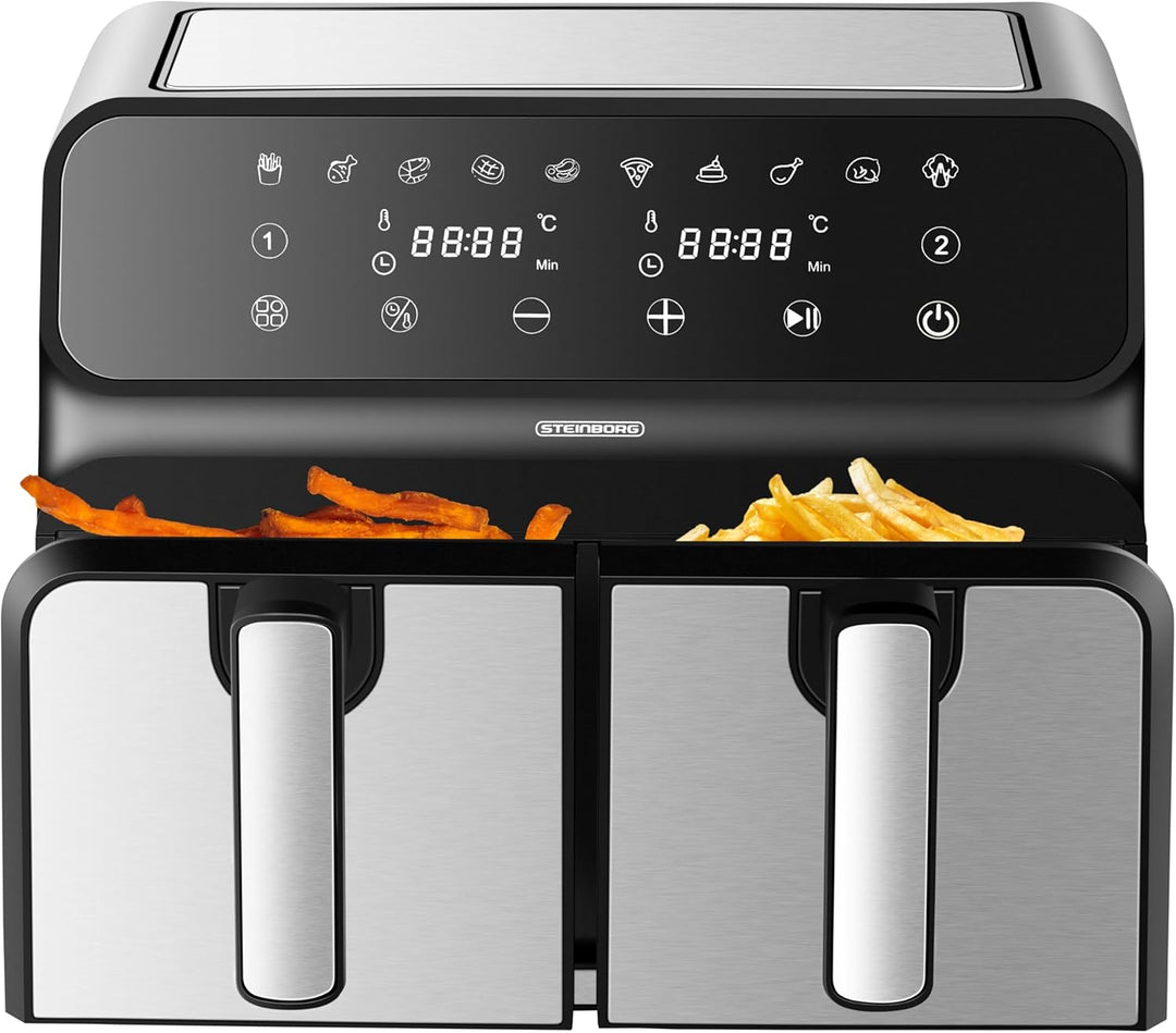 Heissluftfritteuse | 2 Kammern | Heissluftfritteuse | 4 in 1 Mini Backofen | Fritteuse | Dörrautomat