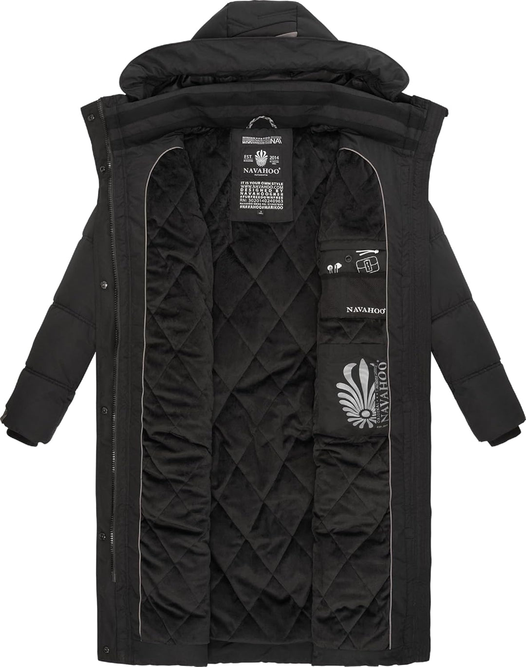 Navahoo Damen Wintermantel Warmer Steppmantel lang mit Kapuze Kuschelmausi S-XXL L Schwarz, L Schwar