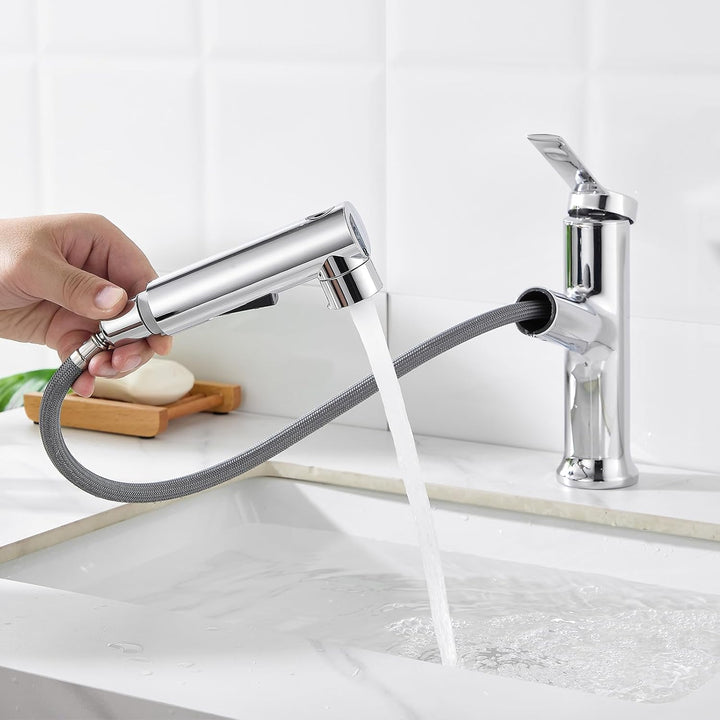 Wasserhahn Bad mit 3 Strahlarten ausziehbare Waschtischarmatur mit Ablaufgarnitur, Einhebelmischer A