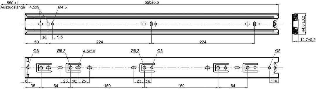 SOTECH 2 Paar (4 Stück) Vollauszüge KV3-45-H45-L550-NF schwarz 550 mm (eingeschoben) Schubladenauszü