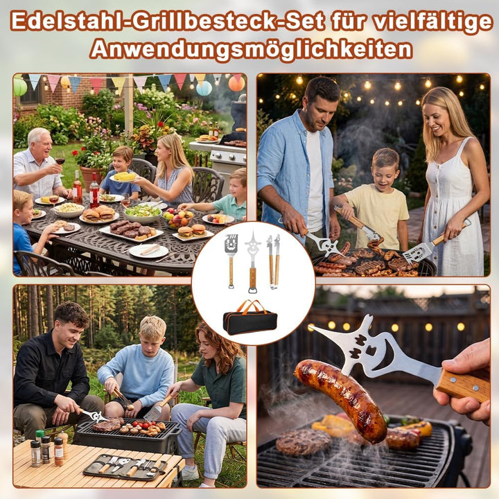3-teilig Edelstahl BBQ Grillbesteck Set mit Holzgriﬀen, BBQ Zubehör mit Grillzange, Spatel und Gabel