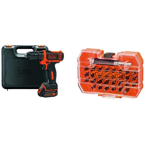 Black+Decker Li-Ion Ultra-Kompakt-Bohrer BDCDD12K + A7228 31-teilig Bit-Set für Schraub- und Montage