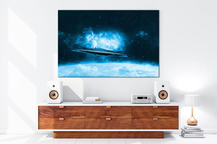 deyoli beeindruckendes Raumschiff im Universum Format: 80x60 Effekt: Monocrome Blau als Leinwand, Mo