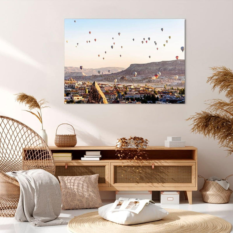 Bilder auf Leinwand 100x70cm Leinwandbild mit Rahmen Berge Ballon Flug Gross Wanddeko Bild Schlafzim