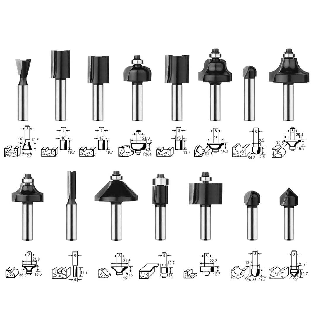 BAIDETS Pro 15tlg. Fräser Set für Holz - Hartmetall Fräsersatz, Zubehör Oberfräsen mit 8mm Schaft. 1