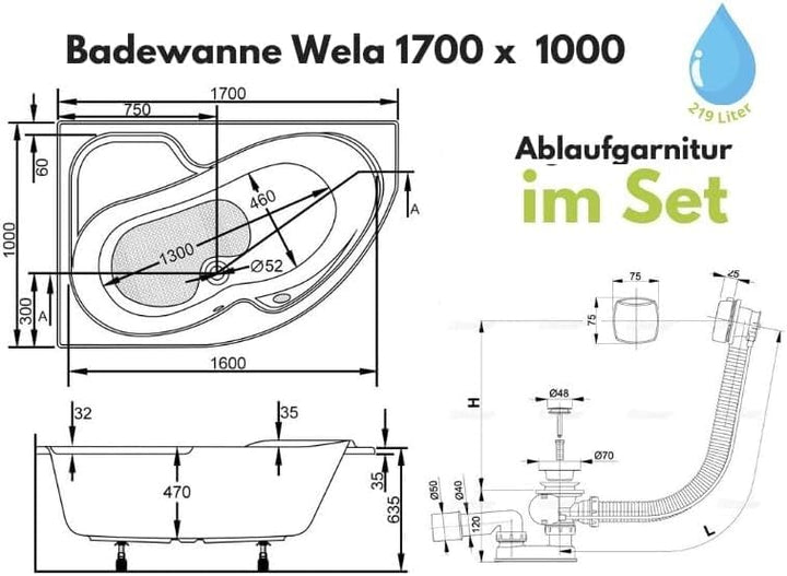 ECOLAM® Eckbadewanne WELA 170x100 cm LINKS mit Acrylschürze| Badewanne Acrylwanne Acryl + Schürze +