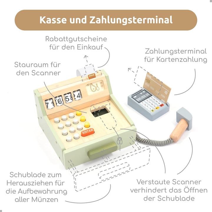 UMU® Kinder Kasse aus Holz - inkl. Zubehör (Scanner, Zahlungsterminal, Spielgeld usw.), Kaufläden &amp;