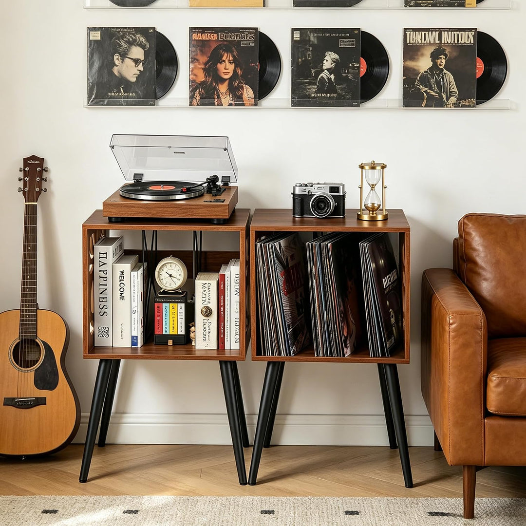 Plattenspieler-Ständer für 80 Alben LP Regal Holz Mid-Century Retro | Schallplattenregal mit Monster